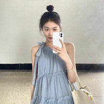분위기 얌전한 프렌치 민소매 스카시 홀터넥 원피스 A라인 블루 프린세스 스커트