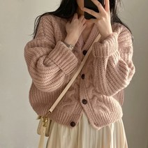 Kimotimo복고풍 트위스트 니트 가디건 여성 루즈한 오버핏 싱글 브레스트 스웨터 코트 심플한 v넥 단색 상