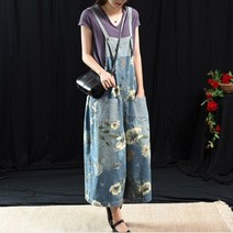 여자 연예인 멜빵 바지 점프수트 9부 슬링 데님 보세 치마 프릴 여성 꽃무늬 빈티지 플라워 와이드 통큰