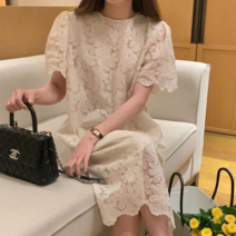 오너클랜 플라워패턴 H라인 스커트 라운드넥 원피스 단정한핏