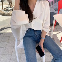 [레티고] 브이넥 언발란스 프릴 카라 셔츠 블라우스