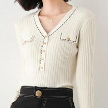 데일로엔 여성용 프린지 스티치 버튼 브이넥 니트
