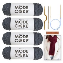 니뜨 모드케이크 뜨개실 100g x 4p + 폴 케이블 머플러 도안 + 줄바늘 6mm + 꽈배기바늘 + 돗바늘 + 심플직사각라벨 세트, 19 챠콜