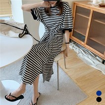 허리라인 잡아주는 스트라이프 오버핏 반팔 롱원피스 청 플레어원피스 여성 프릴원피스 면원피스