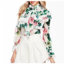 청담동 화이트 하이넥 긴팔 블라우스 쉬폰 러플 화려한 꽃무늬 장미꽃쉬폰 여성셔츠 럭셔리룩