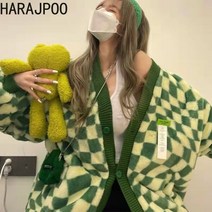 캐시미어 카라 울 밍크 양털 루즈핏 일자 롱코드 Harajpoo커플 패션 체크 무늬 코트 가을 겨울 느슨한 Ins Lazy Street 두꺼운 야구 패딩 캐주얼 재킷