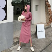 라엔 후드 니트 롱 원피스 트임 브이넥 긴팔 가을