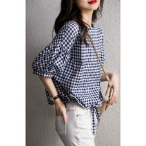 라쿤걸 체크 면린넨혼방 디자인 블라우스 NY699