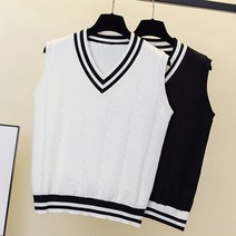 Yanda 루즈핏 빅사이즈 배색 브이넥 니트 조끼 남녀공용