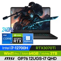 [사은품 증정!] MSI VECTOR GP76 12UGS-i7 QHD 고사양 배그 롤 로아 오버워치 17인치 게이밍 노트북 (코어i7-12700H/RTX3070Ti), 윈도우 포함, 64GB, 3TB, 코어i7, 블랙