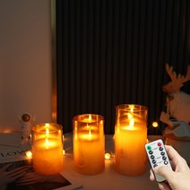 HK.SELL LED 리모컨 전자초 유리케이스 밝기 조절 흔들리는 촛불 세트, 브라운 10cm 12.5cm 15cm 1세트