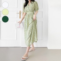 가비진 여성용 플라워 브이넥 반팔 랩 롱 원피스