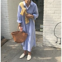 셀러허브 여성패션 바스락 루즈핏 스트라이프 롱셔츠 원피스 2col