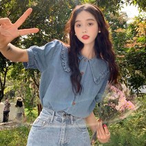 여학생 빈티지 루즈핏 반팔 데님자켓 여름셔츠 청코트 여성상의
