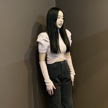 드리뮤즈 여성 브이넥 퍼프 숄더 크로스 니트 반팔 핸드워머 티셔츠 투피스 세트 3color