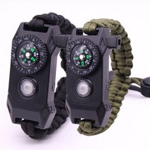 도매창고 LED 생존 로프 나침반 부싯돌 밧줄 캠핑 파이어스틱 조명 방수 시계 팔찌 비상용 호루라기 파라코드 재난 용품 키트, 생존팔찌-LED-블랙, 1개