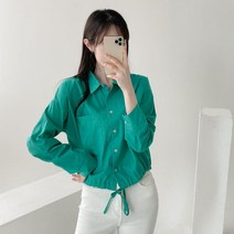 옷자락 여자 연분홍 크롭 스트랩 투포켓 코튼 무지 긴팔 셔츠