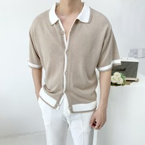 남자 여름 부드러운 린넨 니트 배색 오픈 카라 반팔 가디건4color