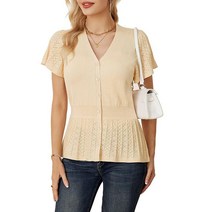 GRACE KARIN 여성용 브이넥 버튼 스웨터 탑 러플 반소매 경량 비즈니스 캐주얼 셔츠 트렌디한 여름 상의 살구.