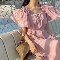 날개소매 스퀘어넥 셔링 퍼프 롱 원피스