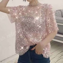 반짝이티 스팽글티 펄 스팽글 티셔츠 여성 반짝이옷 티 스티치 메쉬 반짝이 티셔츠 반팔 보터밍 셔츠