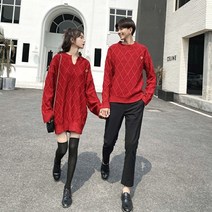 신혼여행 커플룩 허니문 원피스 커플티 휴양지 바캉스 시밀러룩 특별 커플 복장 빨간색 구정 스웨터 느슨하고 다재다능한 스타일 니트 바닥 셔츠 스커트 내 옷