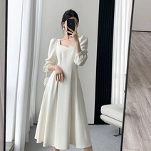 런메시 Runmecy 여성 봄 조거 사각넥 화이트 긴팔 원피스