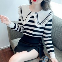 프릴 배색카라 스트라이프 니트