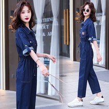 카고 데님 점프슈트 여 여름 점프슈트 얇은 슬림핏 반팔 점프슈트