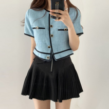 [에이스토리] 페미닌 라인 배색 노카라 반팔 자켓 봄여름 심플 하객룩