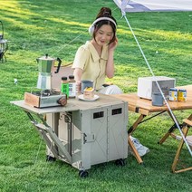 야외 캠핑 나들이 카트 노점 손수레 장보기 픽업 택배 접이식 트레일러 폴딩테이블 의자대용, 브라운【원 테이블형】4륜 짐벌