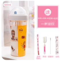 Ogfaour 쌍쌍컵 반반컵 더블 텀블러 귀여운 물병 420ml 600ml, 순수한 흰색 큰 보내기 스트랩 + 컵 브러쉬 + 짚