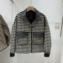 싱글코트옷 겨울 가을 여성의류 긴 소매 체크 레더 블로킹 숏 캐주얼점퍼 2651343992
