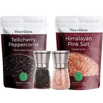 Viva Doria Tellicherry Peppercorn (전체 흑후추) 355ml(12온스) 및 히말라야 핑크 소금 (굵은 곡물) 0.9kg (2파운드) + 조절 가능한 프리