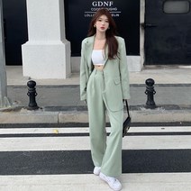 여성 바지 정장세트 투피스 블레이저 자켓+와이드레그 일자핏 팬츠 루즈핏 오버핏