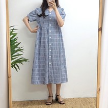제인준 포밀 지지미 체크 퍼프소매 롱원피스