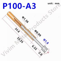 P100-A3 스프링 테스트 프로브 P100-A 테스트 핀 PCB 테스트 회로 보드용 니켈 도금 헤드 1.80mm 포고 핀 33.35mm 1.36mm 100 개