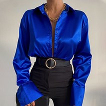 블라우스봄새틴 긴 소매 블라우스 여성 2023 가을 빈티지 블루 그린 실크 셔츠 캐주얼 루즈 버튼 업 스트