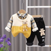 유아 남아 아기 유아 봄 3종 상하세트 체크셔츠 곰돌이 니트 밴딩 바지 트윈룩 형제룩 일상룩 데일리룩