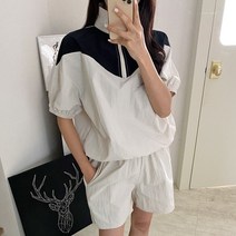 사자옷 여성 여름 아노락 배색 반팔 세트 바스락 반바지 팬츠
