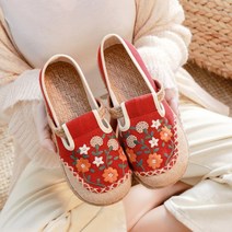 여성 운동화 스니커즈 린넨 캔버스 신발 레트로 보헤미안 슬립 온 플랫 편안한 로퍼 캐주얼 자수 대마 밑창