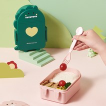 귀여운 다이노소어 도시락 직장인 런치박스 소풍 나들이 도시락 + 숟가락 포크 세트, 핑크다이노