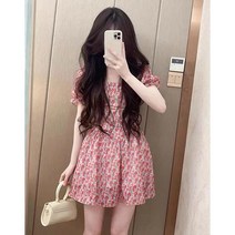 [청순여리요정룩]플로럴플라워스퀘어넥퍼프반팔플레어미니원피스