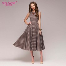 S.FLAVOR 여성 빈티지 도트 웨이브 레트로 드레스 민소매 o-넥 슬림 Vestidos