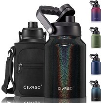 CIVAGO 1.9L(0.5갤런) 단열 물병 저그 1.9L(64온스) 스테인리스 스틸 스포츠 워터 플라스크 대형 금속 물통 그라울러 캐리어 백 및 핸들 포함 블랙, Black Glitter_128 oz