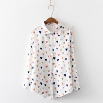 둥근카라블라우스 새로운 도착 여성 여러 가지 빛깔의 사랑 심장 그림 인쇄 긴 소매 흰색 셔츠 턴 다운 칼라 세련된 탑 t f