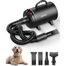 EGFKI 도그 드라이어 5.2HP 3800W 애완동물 그루밍 고속 포스 송풍기 4개 노즐 그루밍을 위한 속도 및 온도 조절 개 헤어 드라이어, Dark Black