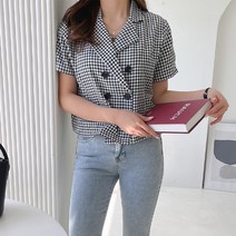 주디앤 여성 더블 브레스트 체크 반팔 자켓