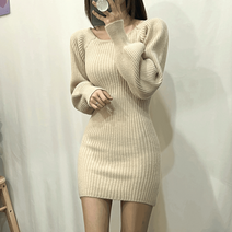 애니 골지 스퀘어넥 오프숄더 벌룬 긴팔 니트 미니 원피스 (3 color)