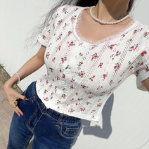 [러브유] 골지 플라워 레이스 니트 반팔 크롭 숏 가디건(2color)